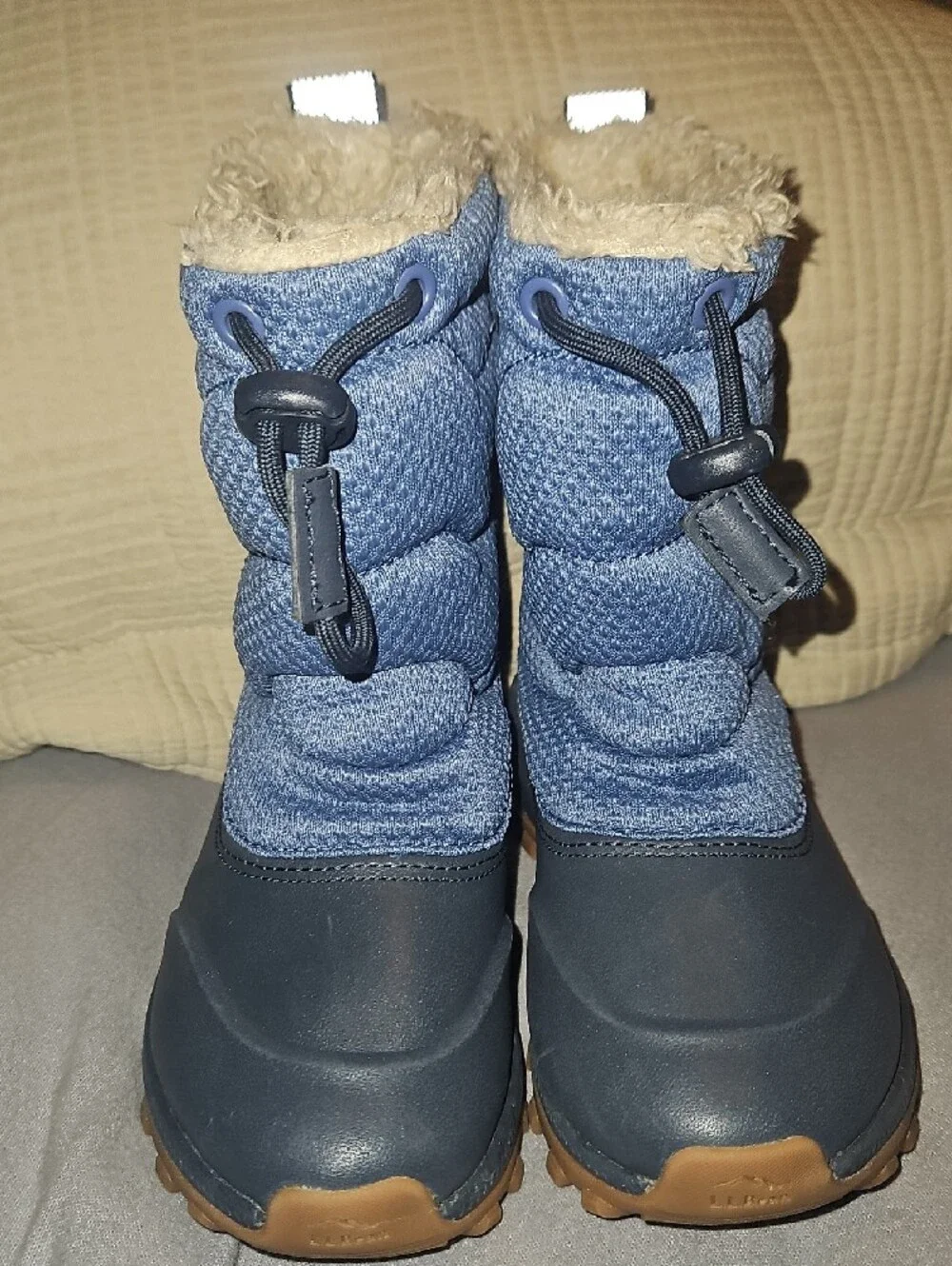 L.L. Bean Navy and Light Blue Kids Winter Boots with Faux Fur Cuff